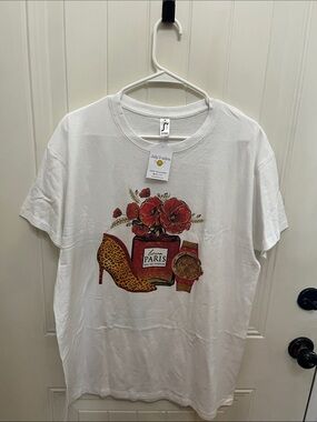 White Short Sleeve Graphic Tee with Red Floral & Leopard Shoe Motif